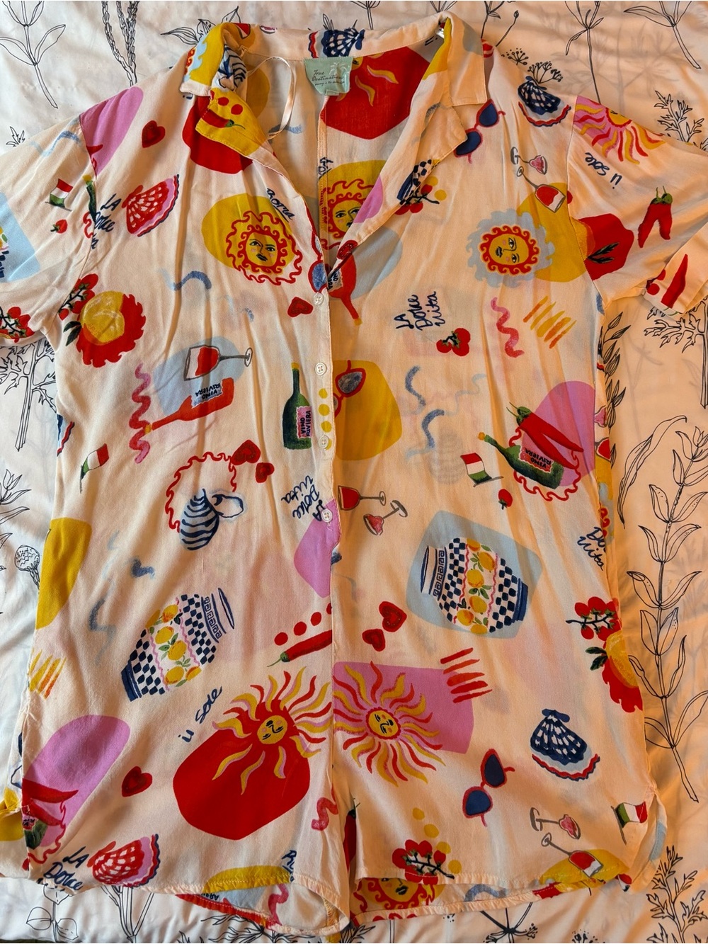 True Destinations Short-Sleeve Printed Jumpsuit Romper - Multicolor Cream - Picture 11 of 12
